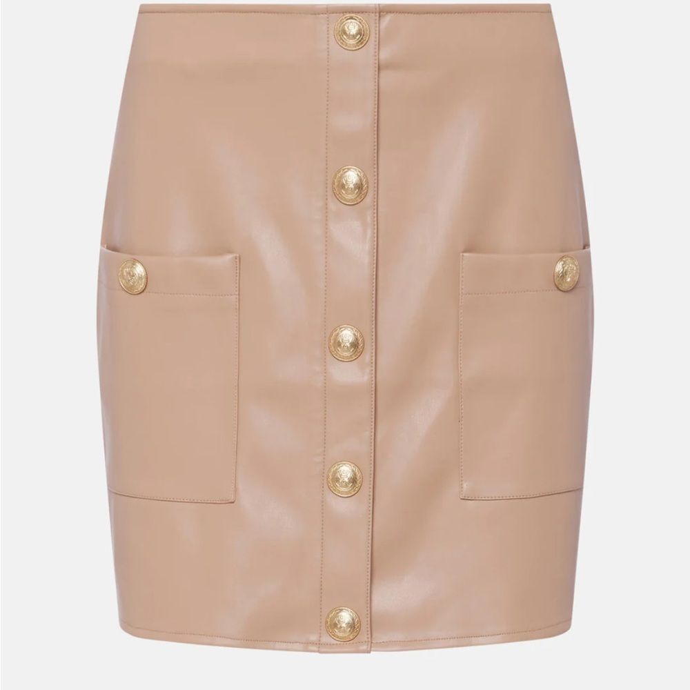 L'AGENCE Beige Faux Leather Button-Front Mini Skirt with Pockets